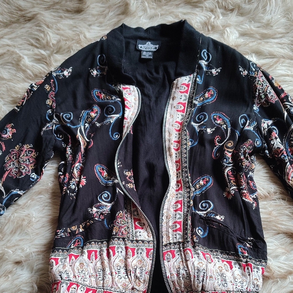 Angie Black Paisley Bomber Jacket with Multicolor Trim